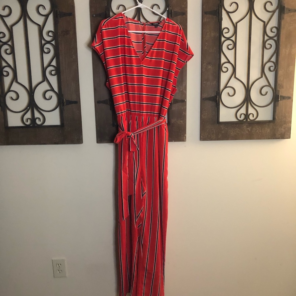 Jumpsuit reddish orange, navy and white striped
